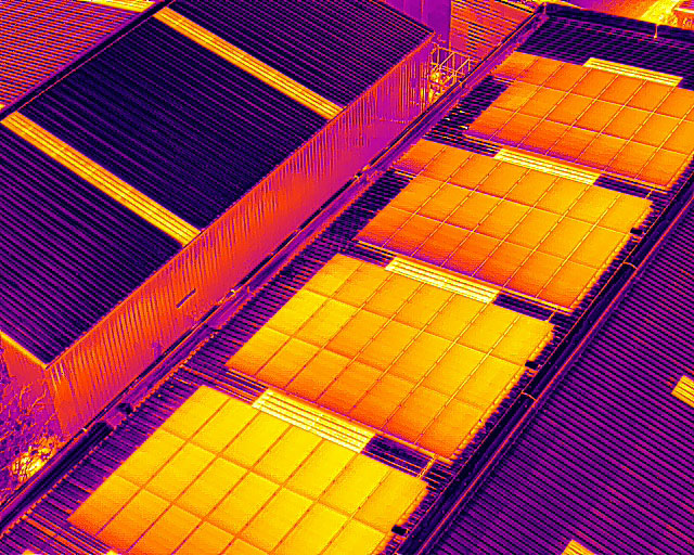 Solar panels that have been scanned with a H20T Thermal camera.